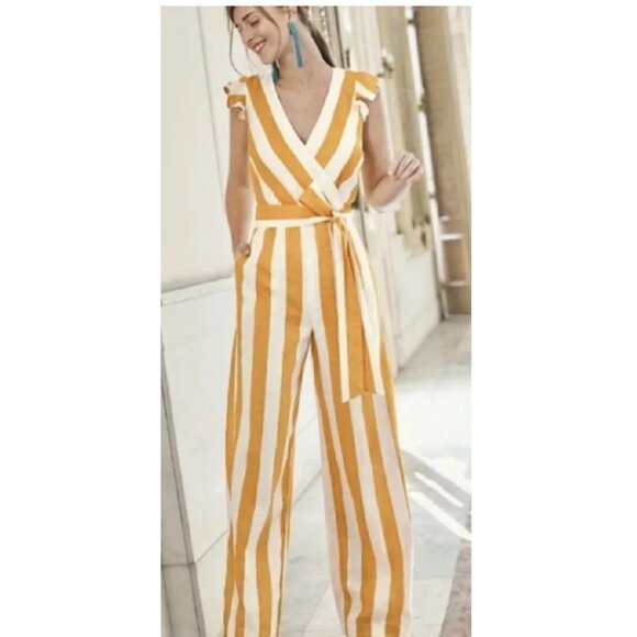 Boden Jumpsuit Mustard Yellow Striped Mila Wide Legged Linen (Women Size 6) - Picture 3 of 8